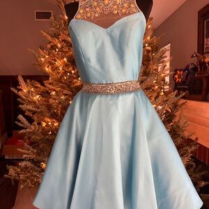 Elegant Blue Dress with Embellished Neckline